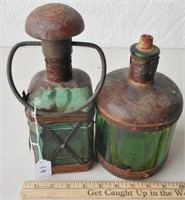 2 older appearing lights, green glass and  metal