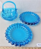 3 pieces of blue glassware