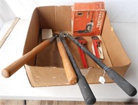 2 Rigid pipe wrenches, 2 lopers, electric  drill,