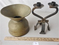 Brass spitune and vintage iron candle holder