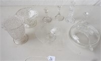 8 misc. clear glassware items including  candle