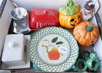 Box misc. items including 2 ceramic pumpkins,  2