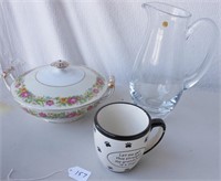3 misc. items including covered dish and  pitcher