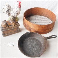 Cast iron #8 pan, old wooden grain sifter??