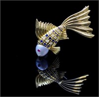 A pearl, diamond and sapphire fish form brooch
