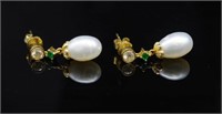 Pearl, emerald and 18ct yellow gold drop earrings