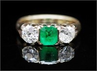 Antique 18ct yellow gold, diamond and emerald ring