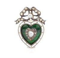 Antique diamond, pearl and enamel heart pendant
