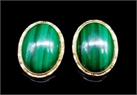 Mid century malachite and yellow gold ear clips