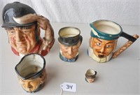 5 Toby mugs some with cracks or chips, see
