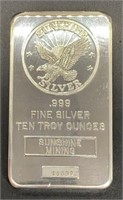 10 Troy Ounce Bar  of .999 Fine Silver