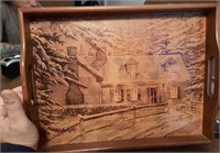 Wooden tray w. scene