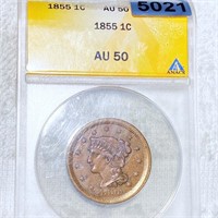 1855 Braided Hair Large Cent ANACS - AU50