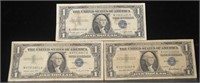 Three 1957 Blue Seal $1 Silver Certificates