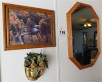 Octagon oak mirror, 21 x 31 - brass styled wall