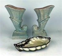 Pair of Gonder Cornucopi Vases s & Frankoma Dish