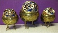 Vtg Mexican Folk Art Brass Pottery Owl Trio