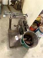 Metal Bucket with Misc Sad Irons, 5 Large Sad Iron