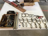 Dehorners, Horn Scoops, Old Syringes, 2 Nose Tongs
