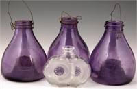 20TH C. GLASS AMETHYST FLY TRAPS & CLEAR BOTTLE