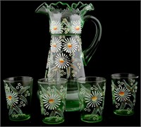 HAND PAINTED DAISY ENAMELED PITCHER & CUPS - LOT O
