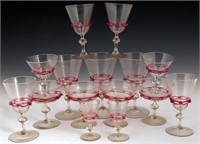 VENETIAN CLEAR AND PINK GLASS STEMWARE - LOT OF 15