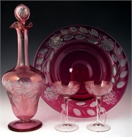 CRANBERRY CUT TO CLEAR DECANTER, GLASSES & TRAY