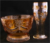 AMBER CUT-TO-CLEAR GLASS BOWL AND VASE