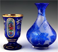 BOHEMIAN GLASS COBALT CUT TO CLEAR VASES - LOT OF