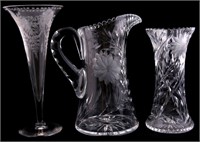 FLORAL CUT CRYSTAL PITCHER AND VASES - LOT OF 3