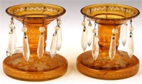 PAIR OF BOHEMIAN AMBER CUT TO CLEAR CANDLE HOLDERS
