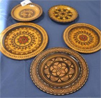 5pcs Vintage Wood Carve & Burned Deco Plates