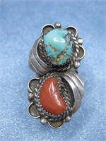 Vtg Sterling Silver, Turquoise & Coral SW Ring