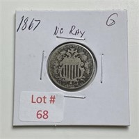1867 U.S. Shield Nickel No Rays