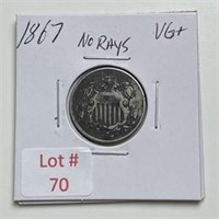 1867 Shield Nickel  No Rays