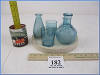 BLUE COLORED GLASS BOTTLE SET WITH WOOD BASE