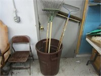 Rakes, broom, trash can(holes in bottom).