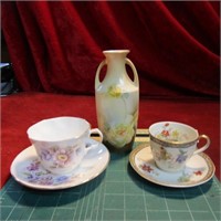 (3) Delicate cups & saucers, German vase(cracked)