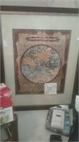 Vintage Global framed map signed by Mary Elizabeth