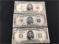 Red, Blue, and Green Seal $5 Bills