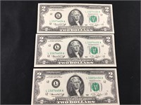 3 Consecutive Green Seal $2 Bills