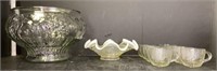 Glass Punch Bowl w/ 8 Mugs & White trim ruffleDish