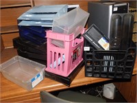 ASSORTED OFFICE ORGANIZERS AND WICKER WASTE PAPER