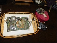 TWO WOODEN TRAYS WITH SILVERWARE AND COVERED BOX
