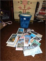 TRASHCAN WITH TRAVEL MAPS, AND RUG