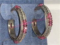 Sterling silver pink stone hoop earrings