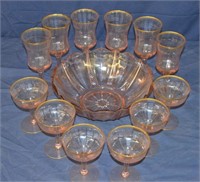 Set of Rose Colored Glass 12 Glasses & 1 Bowl