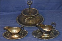SilverPlate 2 Tiered Tray & 2 Gravey Boats w/ Trys