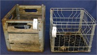 2 Vintage Milk Crates 1 Wood w/ Dividers & 1 Wire