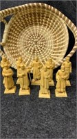 3” plastic statues. Beautiful woven wicker basket